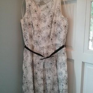 Black and White Floral A-Line Belted Dress